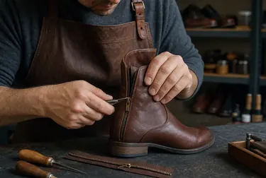 Sapateiro consertando o zíper de uma bota.
