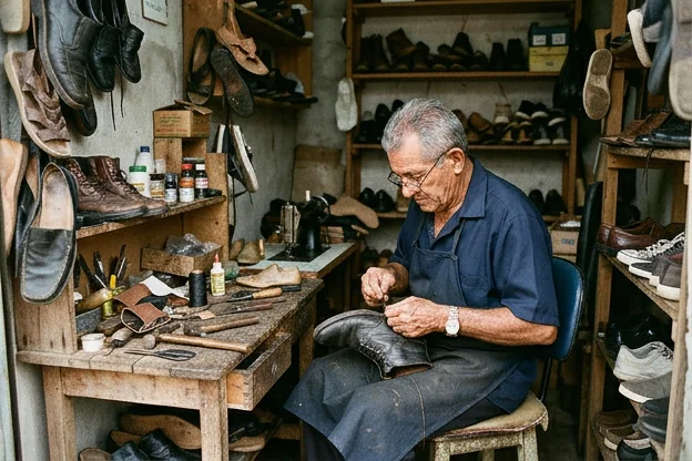 Sapateiro reformando um sapato em seu local de trabalho.