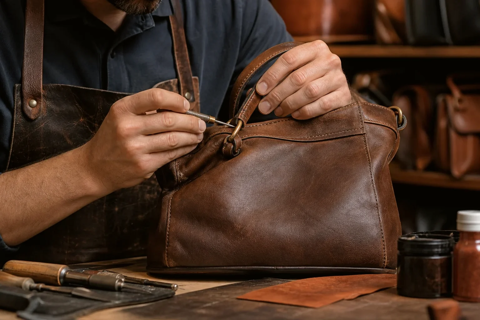 Sapateiro reformando uma bolsa de couro.